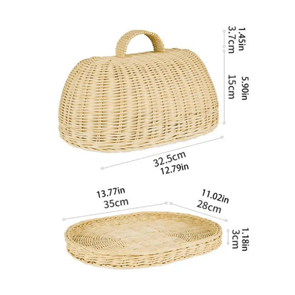 Woven Rattan Bread Cloche with Dome Cover and Serving Tray