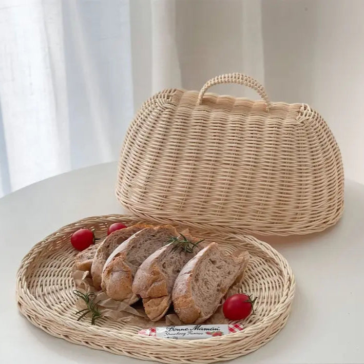 Woven Rattan Bread Cloche with Dome Cover and Serving Tray